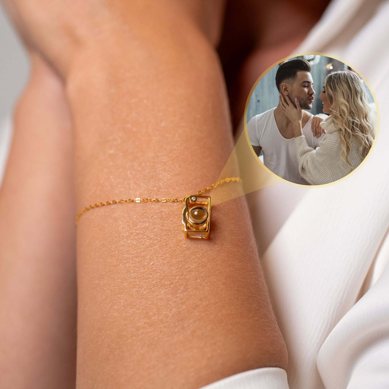 Memories Photo Bracelet by Brother & Sisters displaying a hidden pendant with a cherished photo projection.