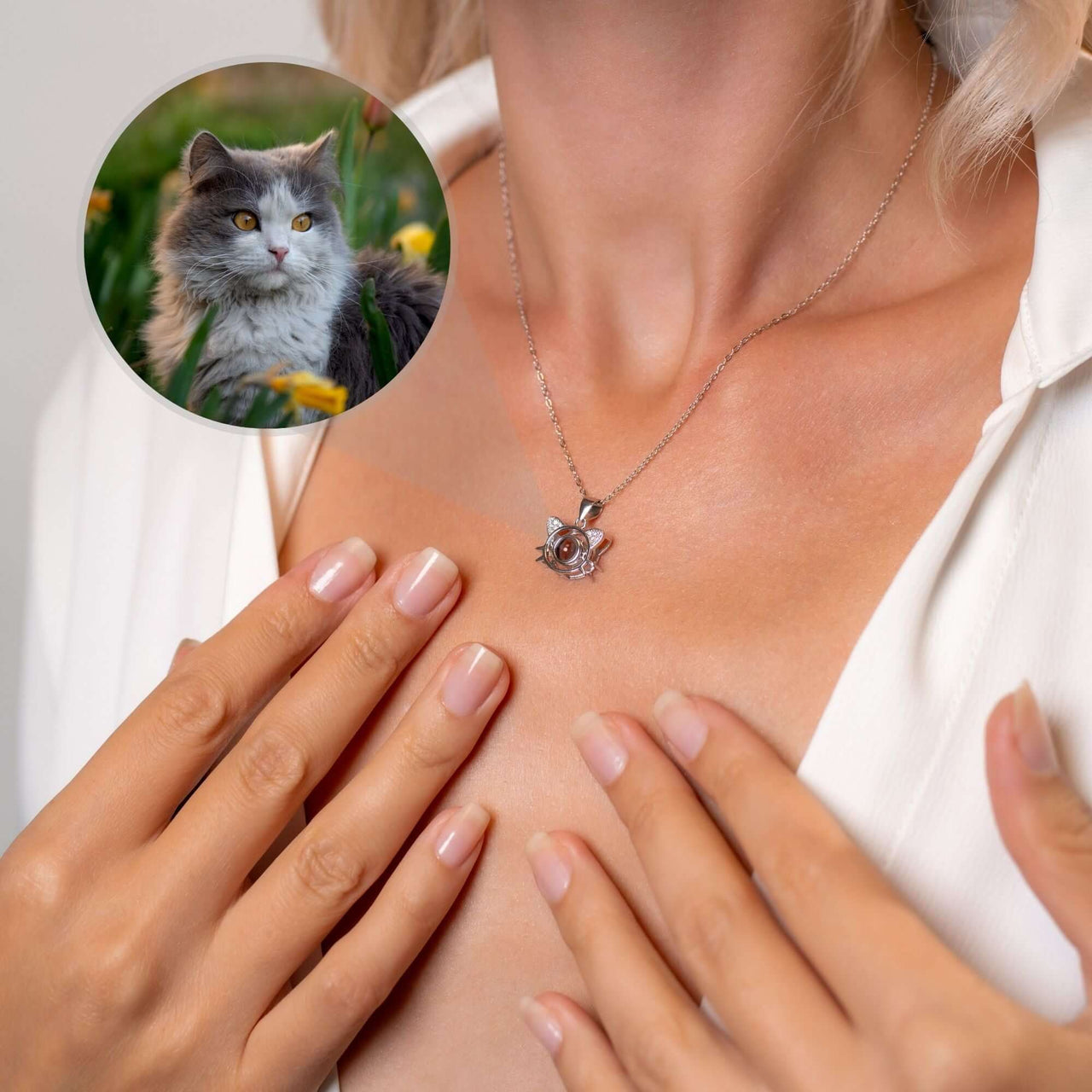 Meow Photo Necklace showcasing personalized cat photo pendant by Brother & Sisters, worn by a woman.