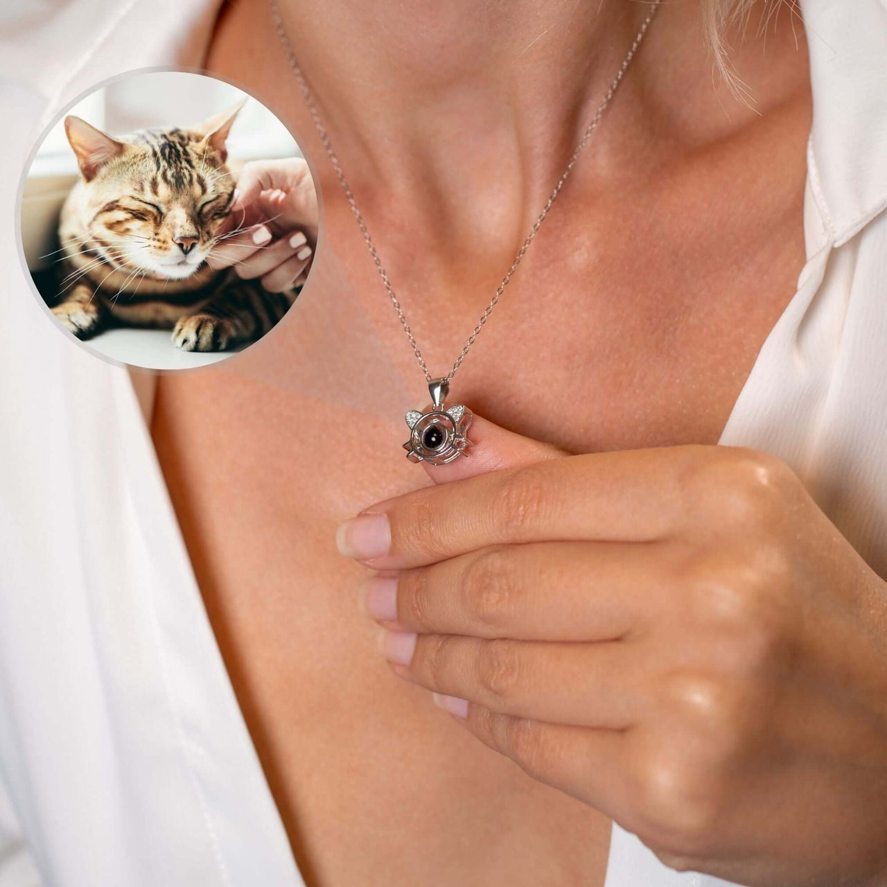 Meow Photo Necklace showcasing a personalized cat photo with brand Brother & Sisters, symbolizing love for your feline.
