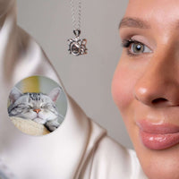 Thumbnail for Woman wearing Meow Photo Necklace featuring a sleeping cat photo, personalized jewelry by Brother & Sisters.