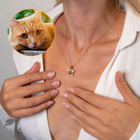 Thumbnail for Meow Photo Necklace featuring a personalized cat photo projection by Brother & Sisters worn by a woman.