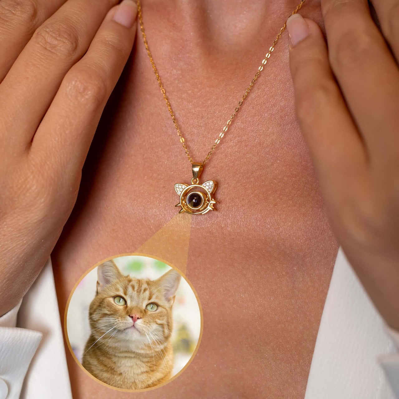 Meow Photo Necklace featuring a personalized projection of a cat's photo by Brother & Sisters.