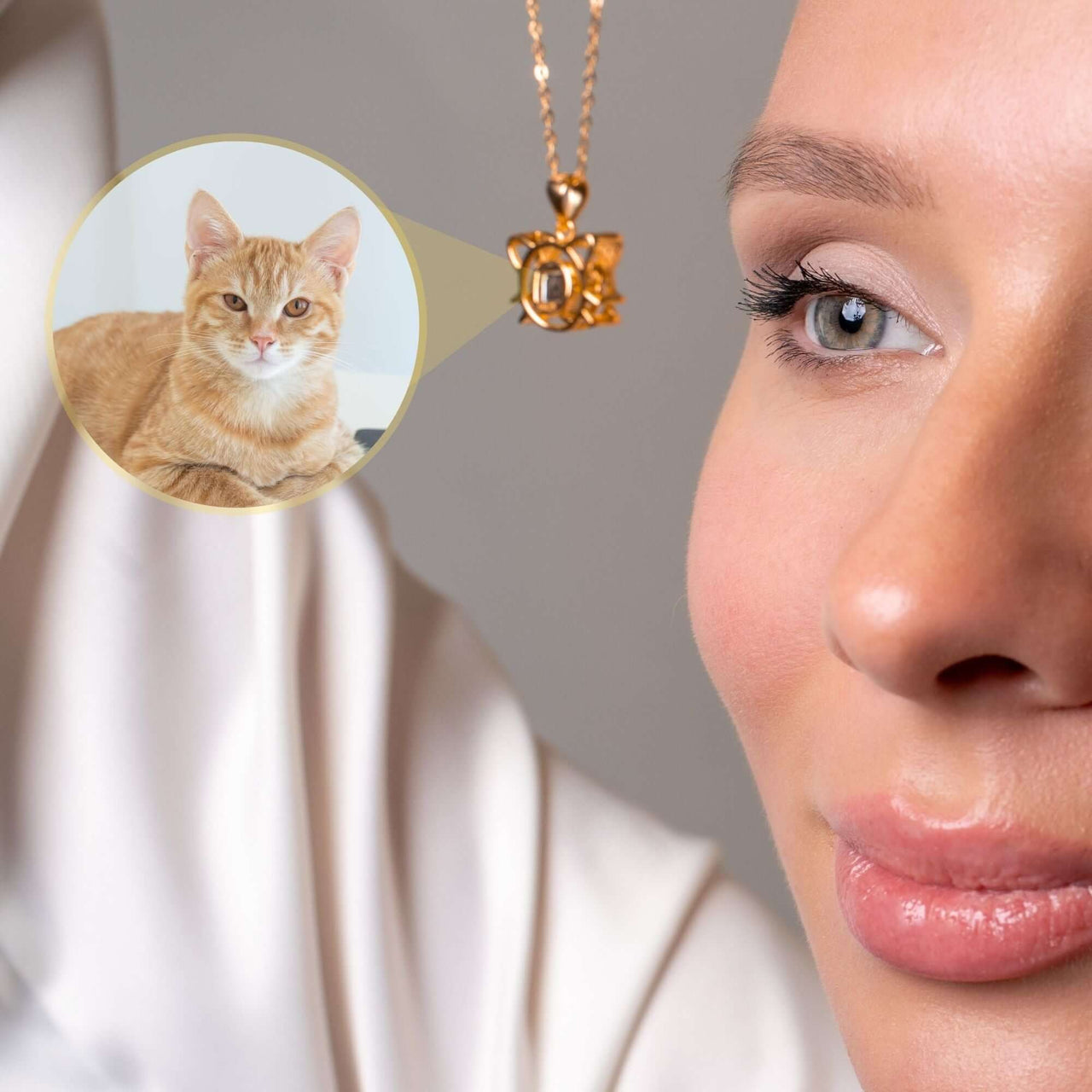 Close-up of a woman wearing a Meow Photo Necklace featuring her beloved cat's photo. By Brother & Sisters.