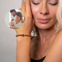 Thumbnail for Woman wearing a Metallic Photo Bracelet showcasing a loved one's photo, by Brother & Sisters.