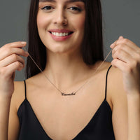 Thumbnail for Minimalist Name Necklace worn by a woman, personalized with the name Camila, from Brother & Sisters.