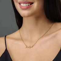 Thumbnail for Minimalist Name Necklace worn by a woman, showcasing the elegant and personalised design by Brother & Sisters.