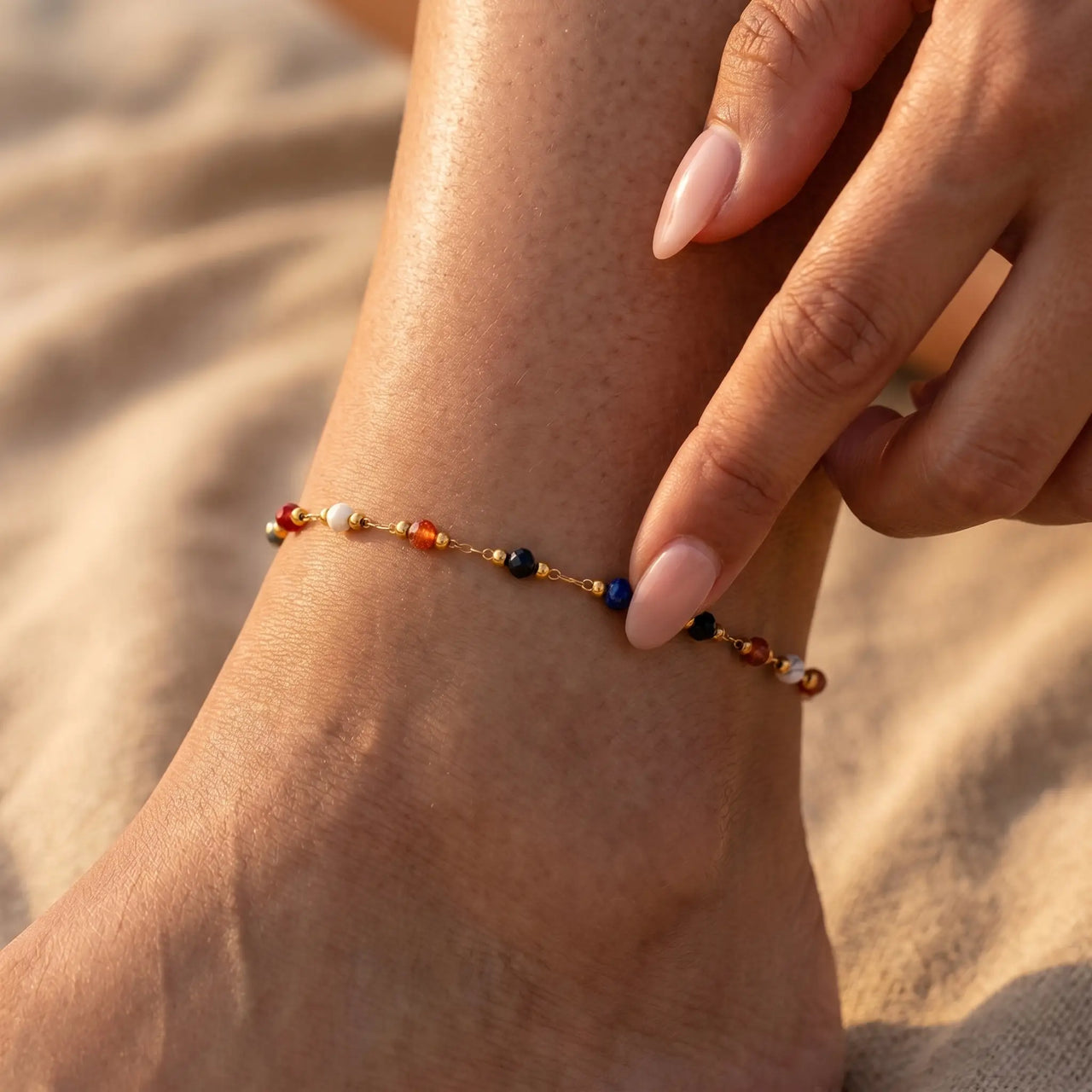 Multicolour Bead Anklet featuring 18K gold plating and colorful glass beads, perfect for summer days by Brother & Sisters.