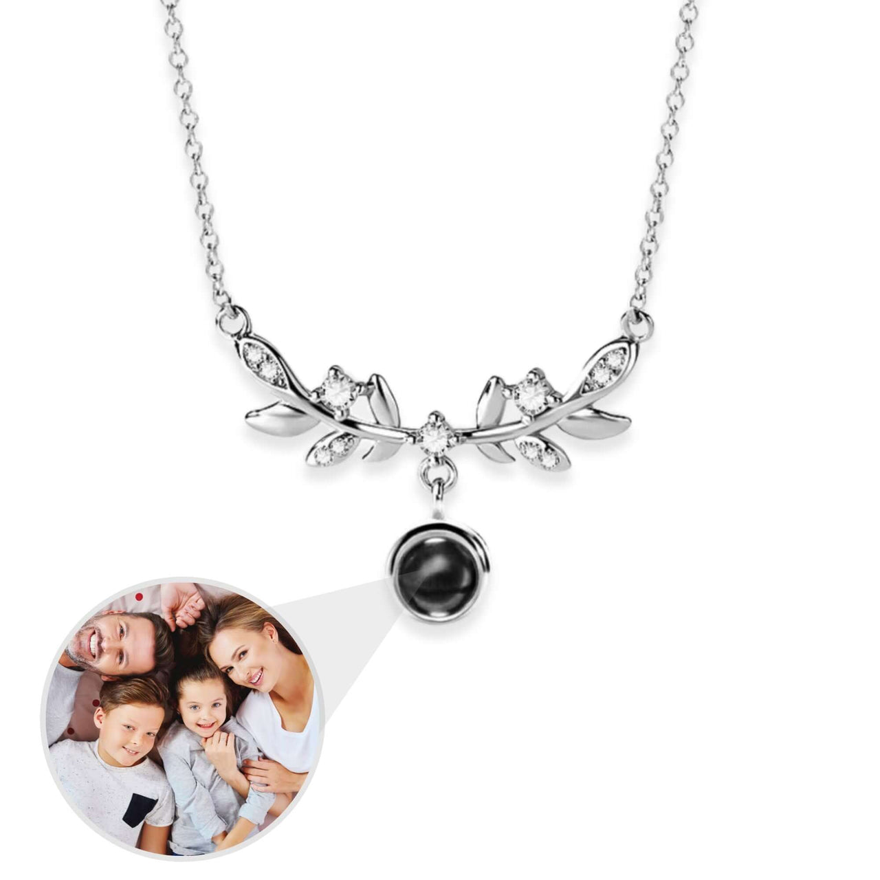 Nature Photo Necklace by Brother & Sisters with Laurel Leaf design and customizable photo projection feature.