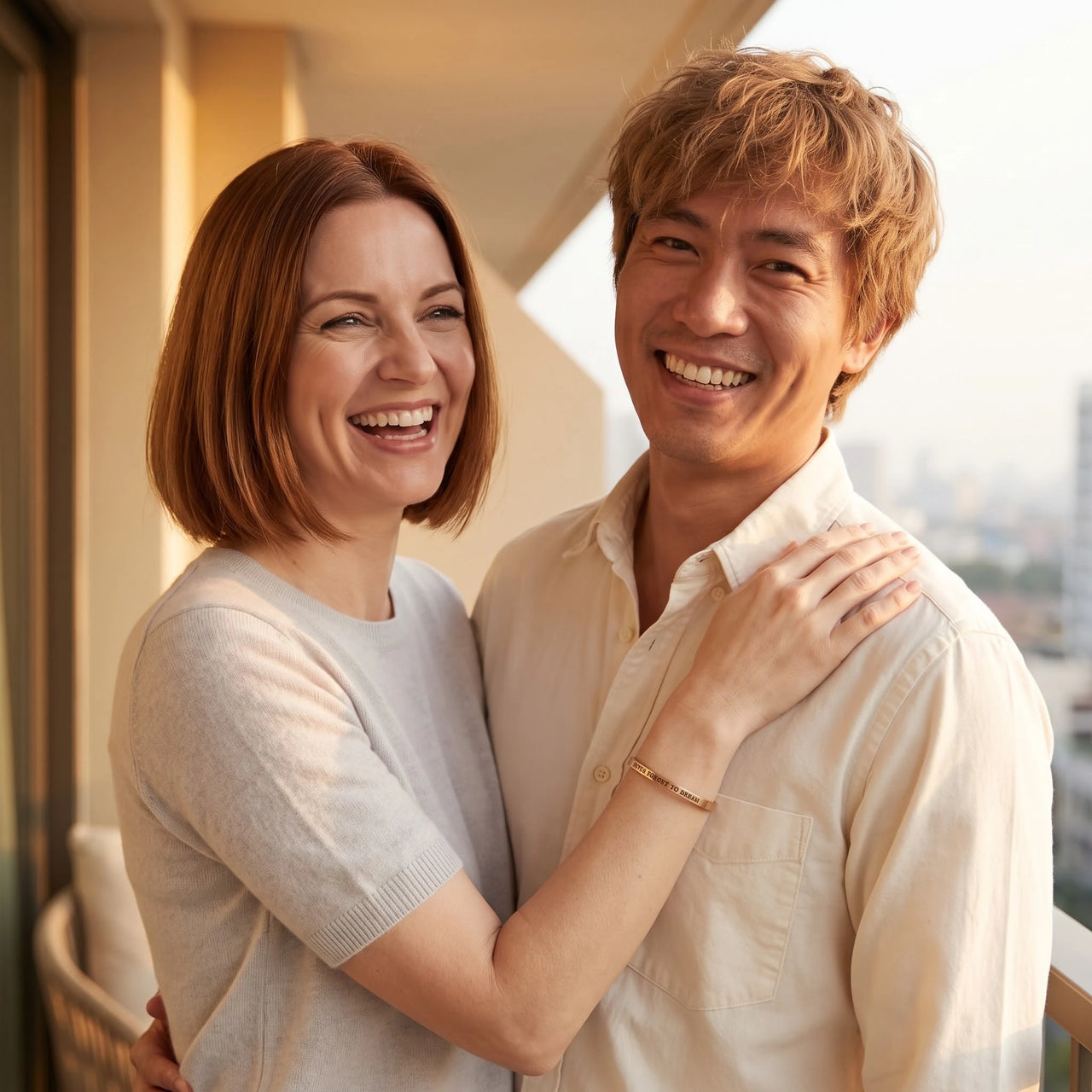 Couple moment, she wears the Never Forget To Dream bracelet in rose gold | SKU: nftd-rg