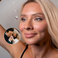 Thumbnail for Padlock Photo Necklace featuring a woman wearing the necklace with a couple's photo inside, by Brother & Sisters.