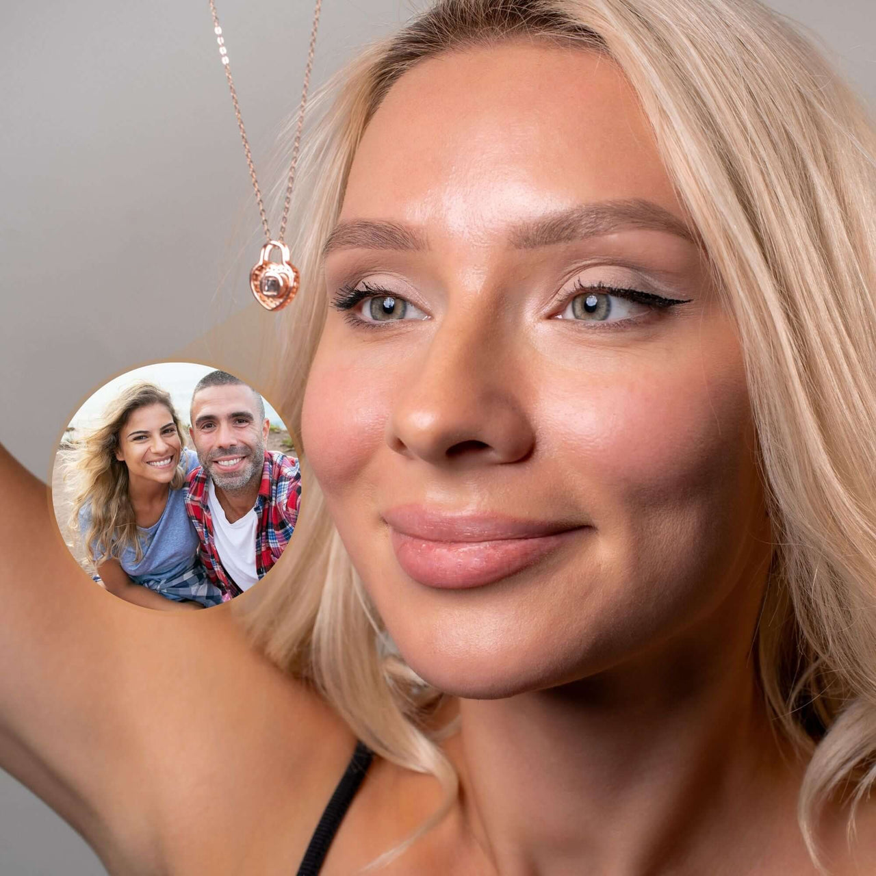 Model wearing a Padlock Photo Necklace from Brother & Sisters, showcasing a personalized photo charm.