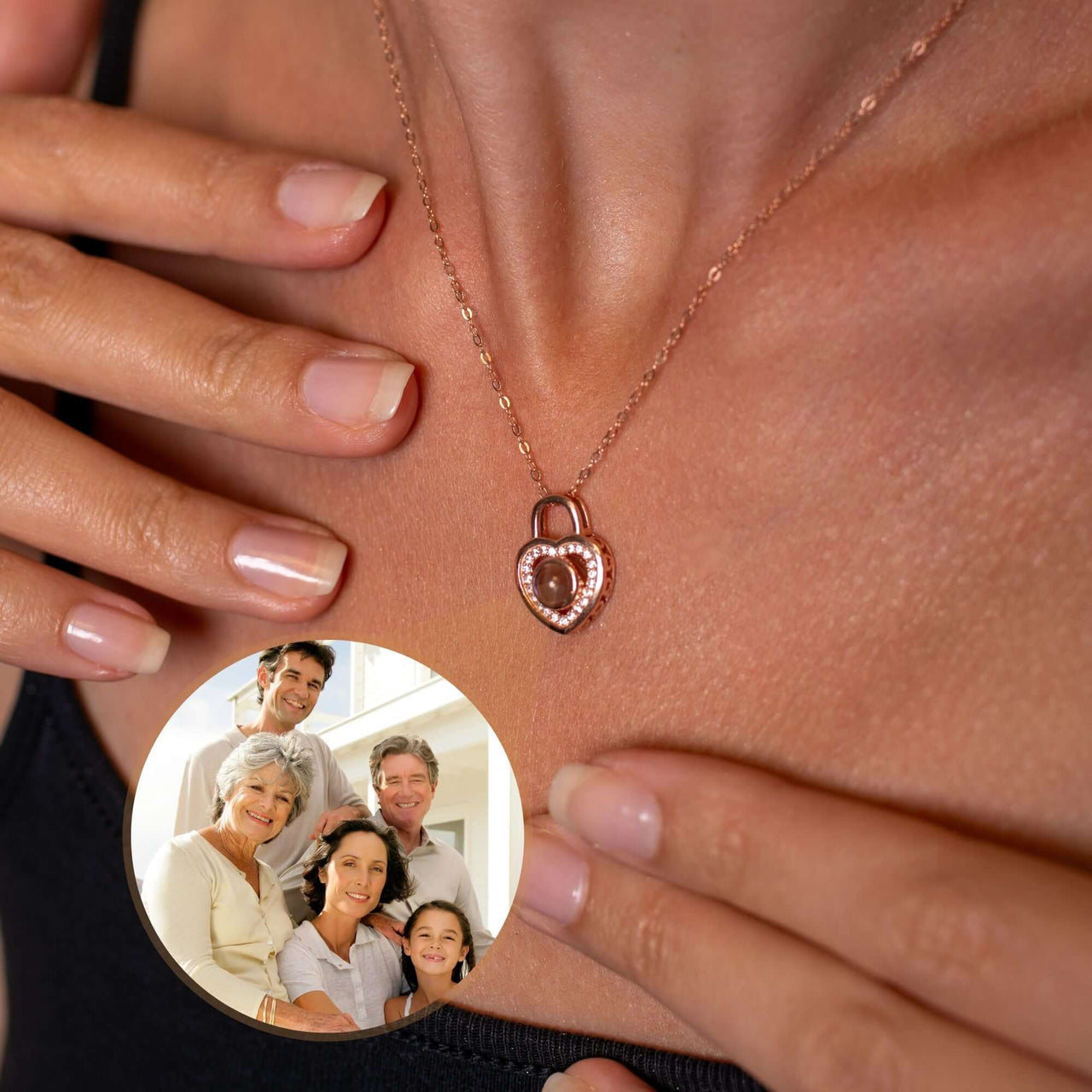 Padlock Photo Necklace worn close to skin with family photo in heart lock, crafted by Brother & Sisters for cherished memories.