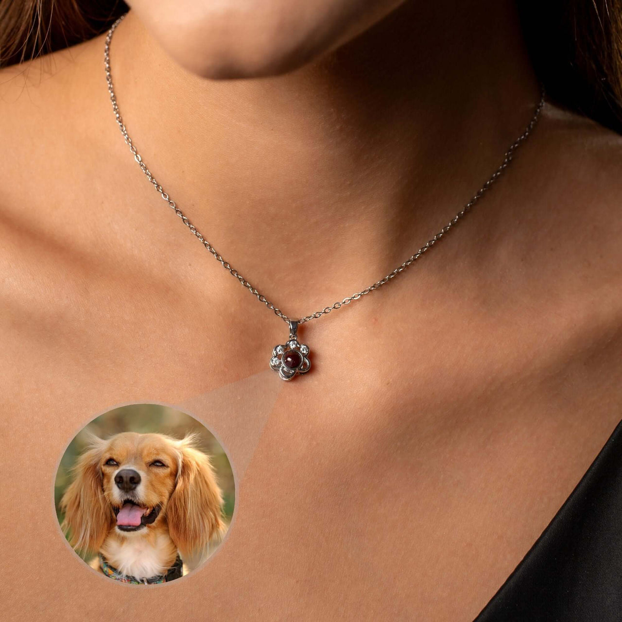 Paw Print Photo Necklace by Brother & Sisters showcasing a pet photo projection in a paw print pendant.