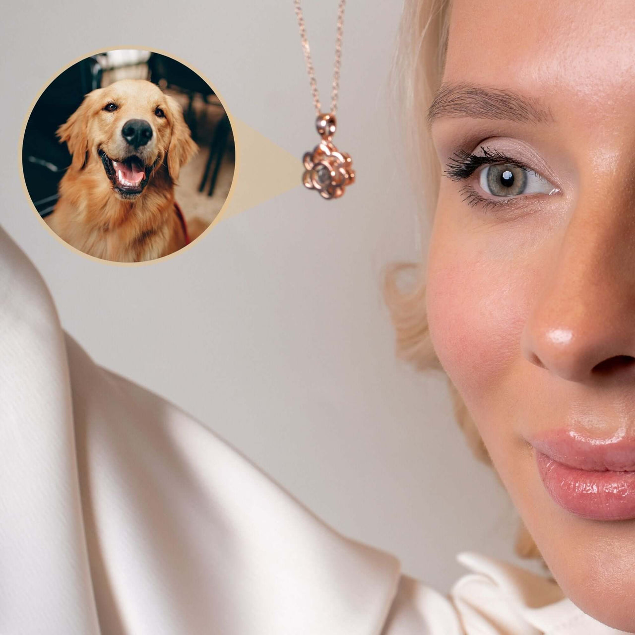 Woman wearing Paw Print Photo Necklace showing personalized pet photo projection by Brother & Sisters.