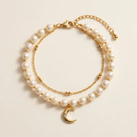 Thumbnail for Pearl Moon Anklet Set featuring gold cable, cream pearls, and a crescent moon charm by Brother & Sisters.