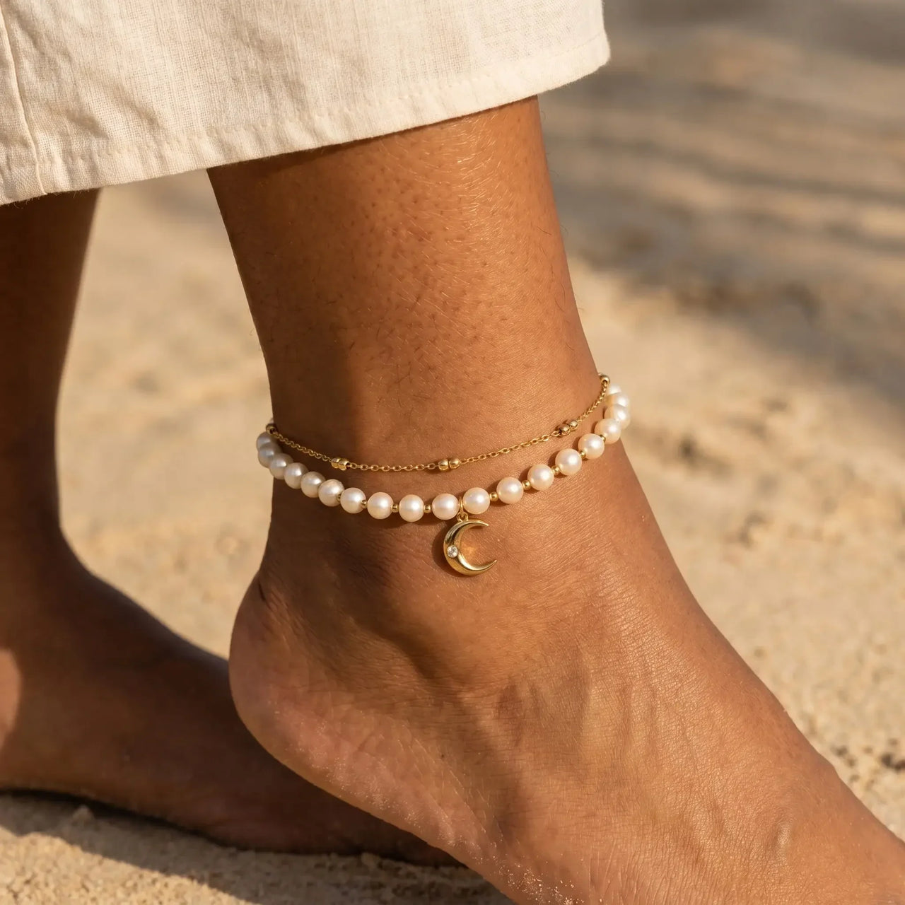 Pearl Moon Anklet Set featuring 18K gold and cream freshwater pearls, by Brother & Sisters, embodying quiet luxury.