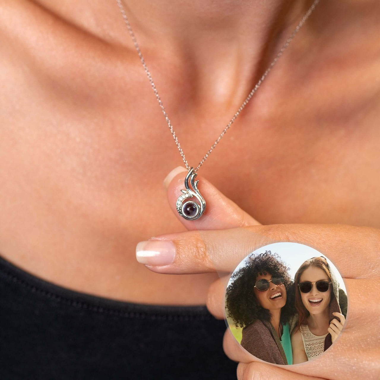 Phoenix Photo Necklace showcasing a personalized photo, designed by Brother & Sisters for cherished memories.