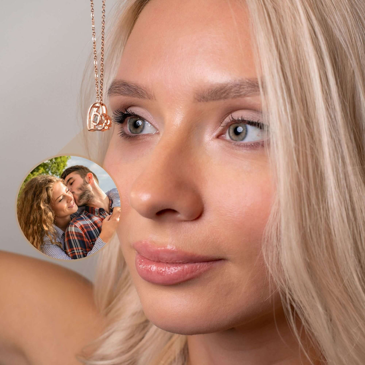Woman wearing Precious Heart Photo Necklace featuring a custom photo insert, by Brother & Sisters.