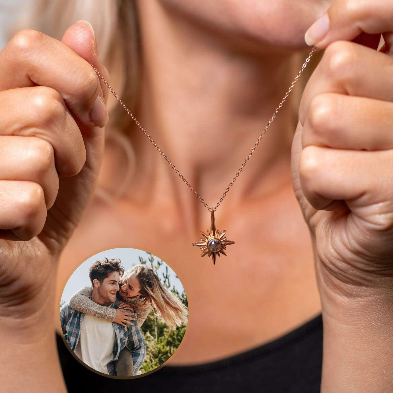 Protect Photo Necklace featuring a sun pendant, personalized with a cherished photo, by Brother & Sisters.