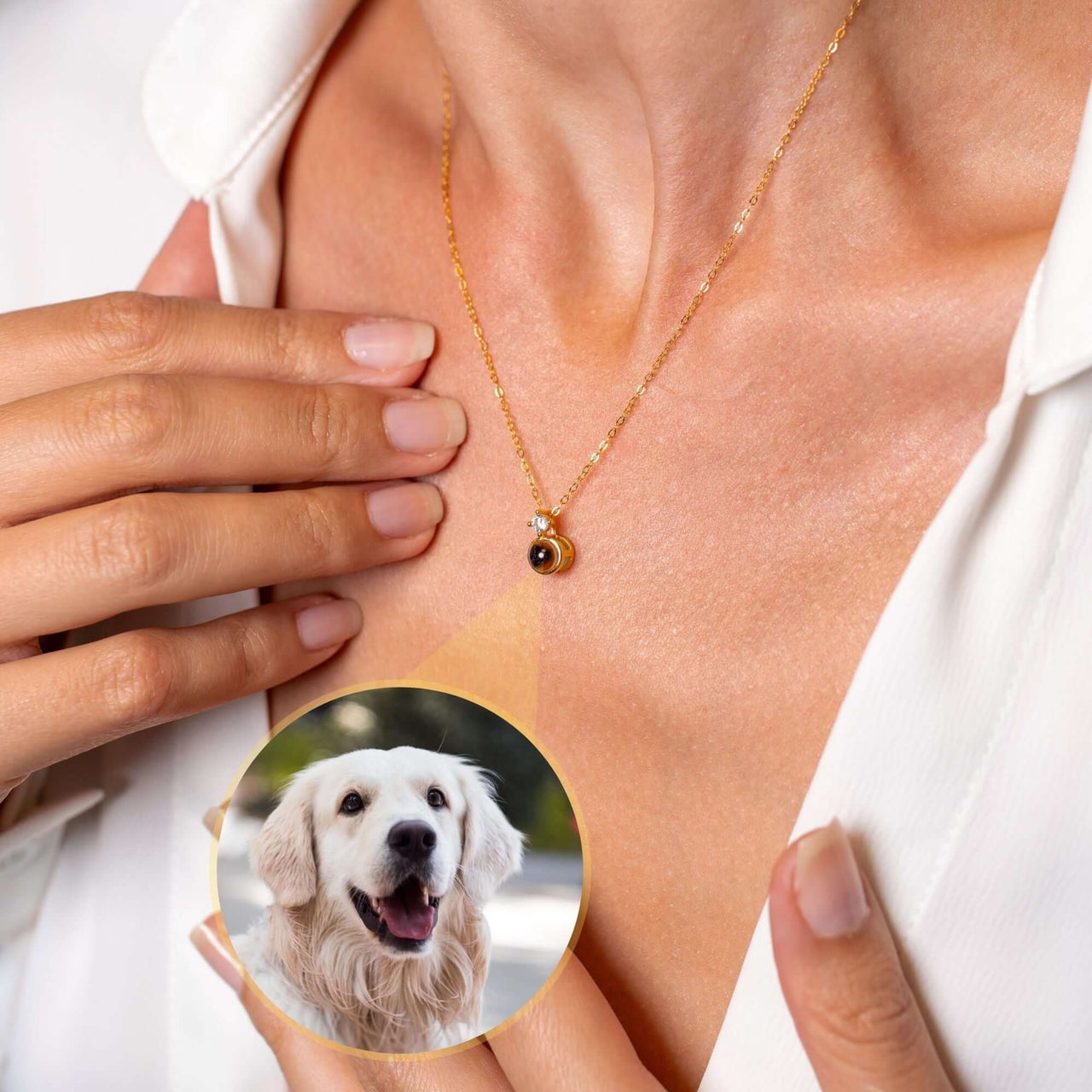 Rare Photo Necklace worn by a woman, showcasing a personalized pendant with a photo projection of a golden retriever.