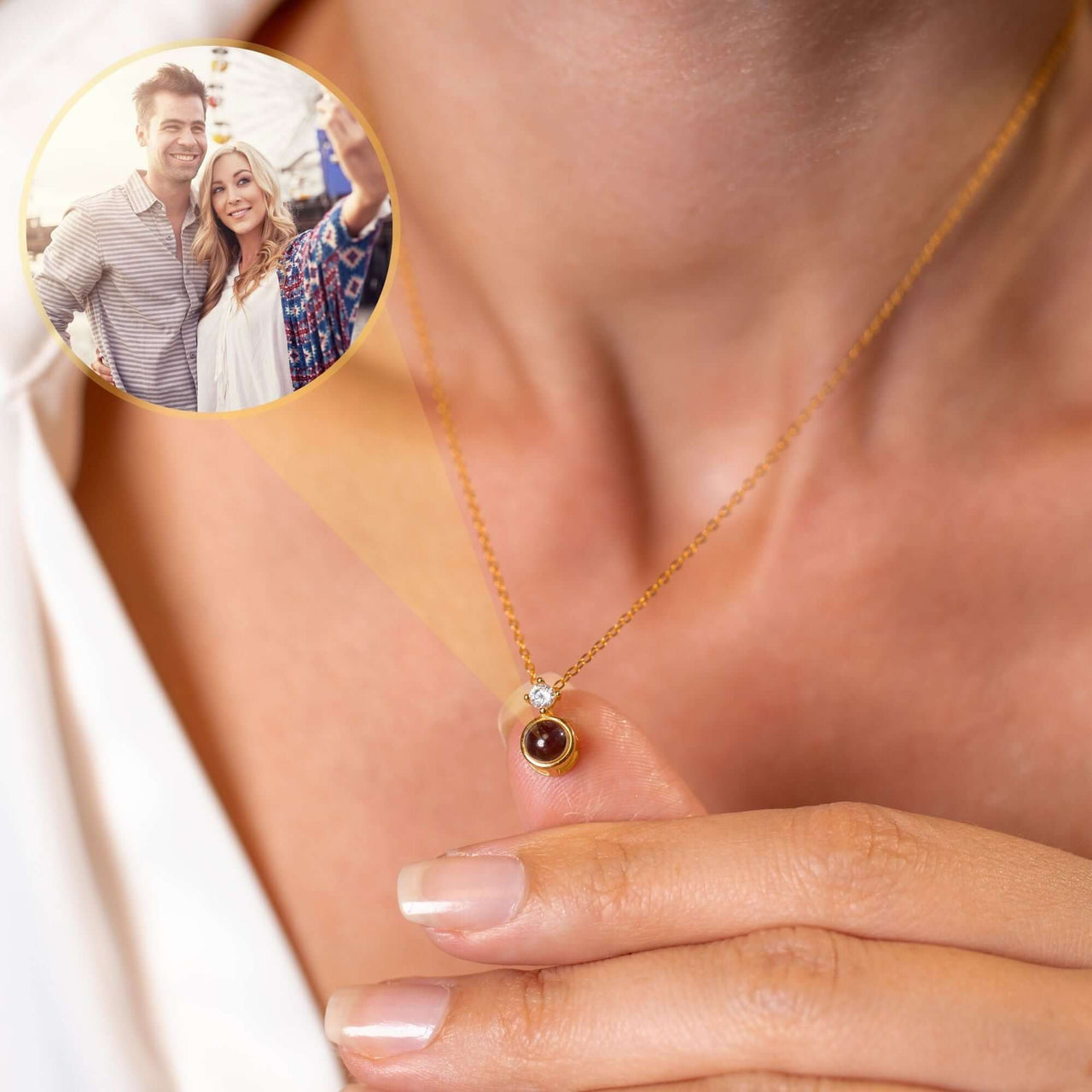 Rare Photo Necklace showcasing a custom photo projection feature by Brother & Sisters, perfect for cherished moments.