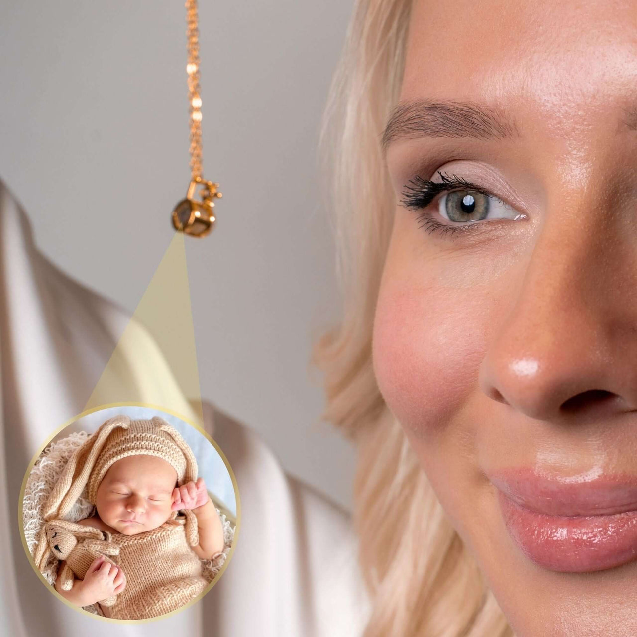 Rare Photo Necklace showcasing a personalized photo projection of a baby, designed by Brother & Sisters.