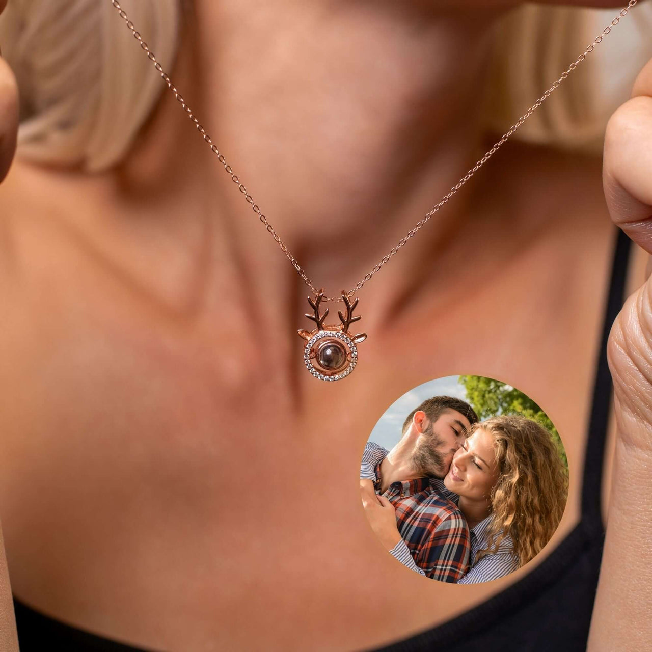 Reindeer Photo Necklace featuring a charming reindeer motif and customizable photo pendant by Brother & Sisters.