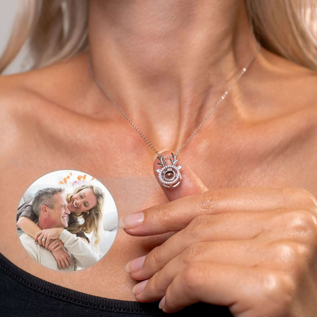 Close-up of Reindeer Photo Necklace featuring a personalized photo pendant by Brother & Sisters.