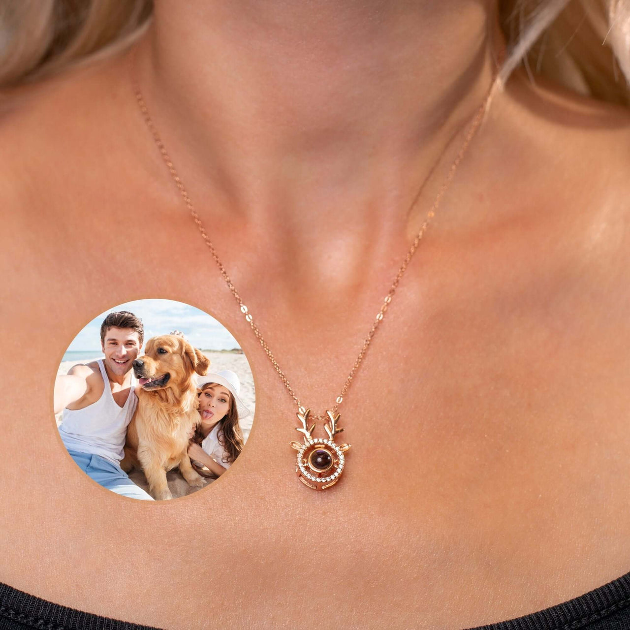 Close-up of a Reindeer Photo Necklace by Brother & Sisters featuring a personal photo charm.