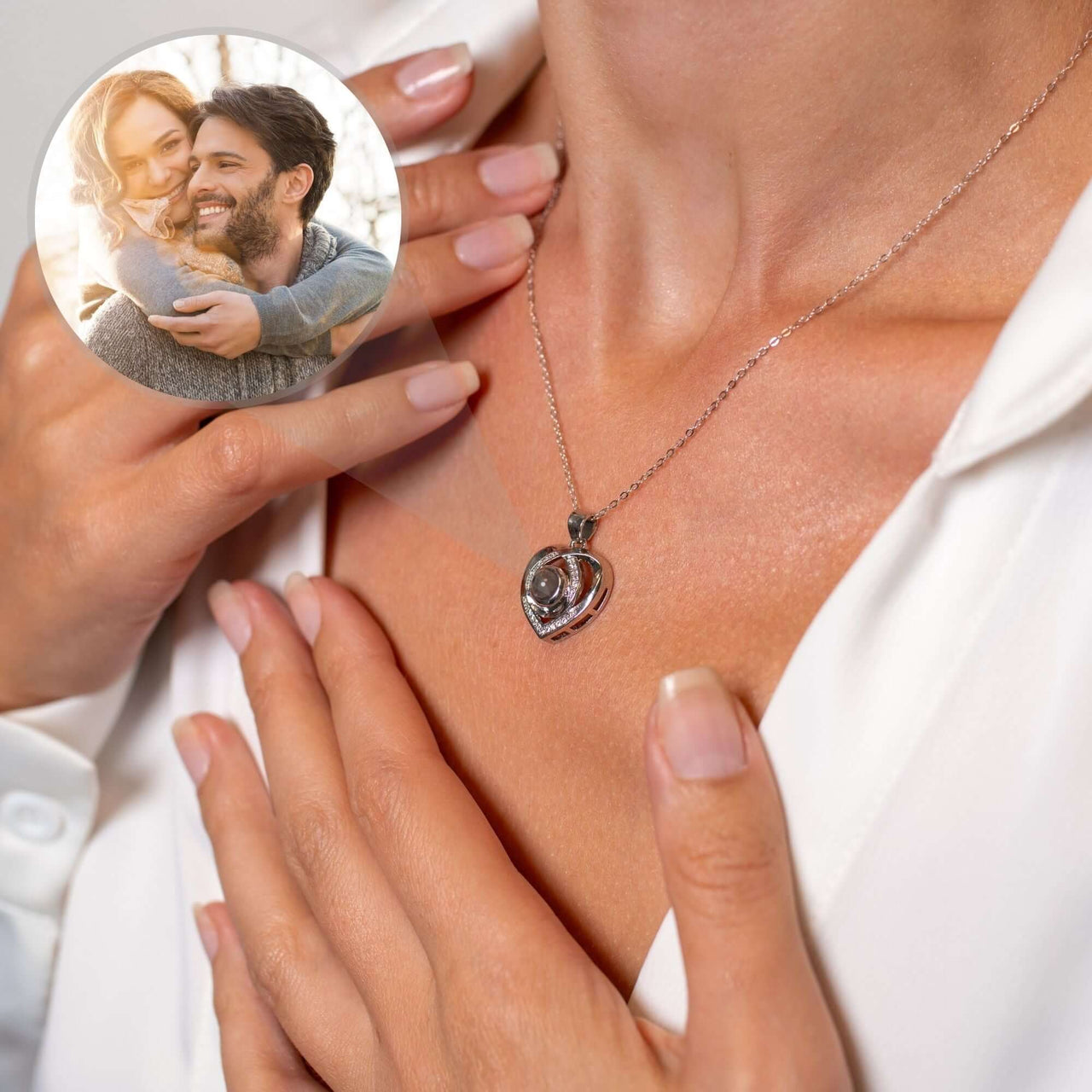 Romance Photo Necklace featuring a heart pendant and photo projection, perfect for carrying memories by Brother & Sisters.