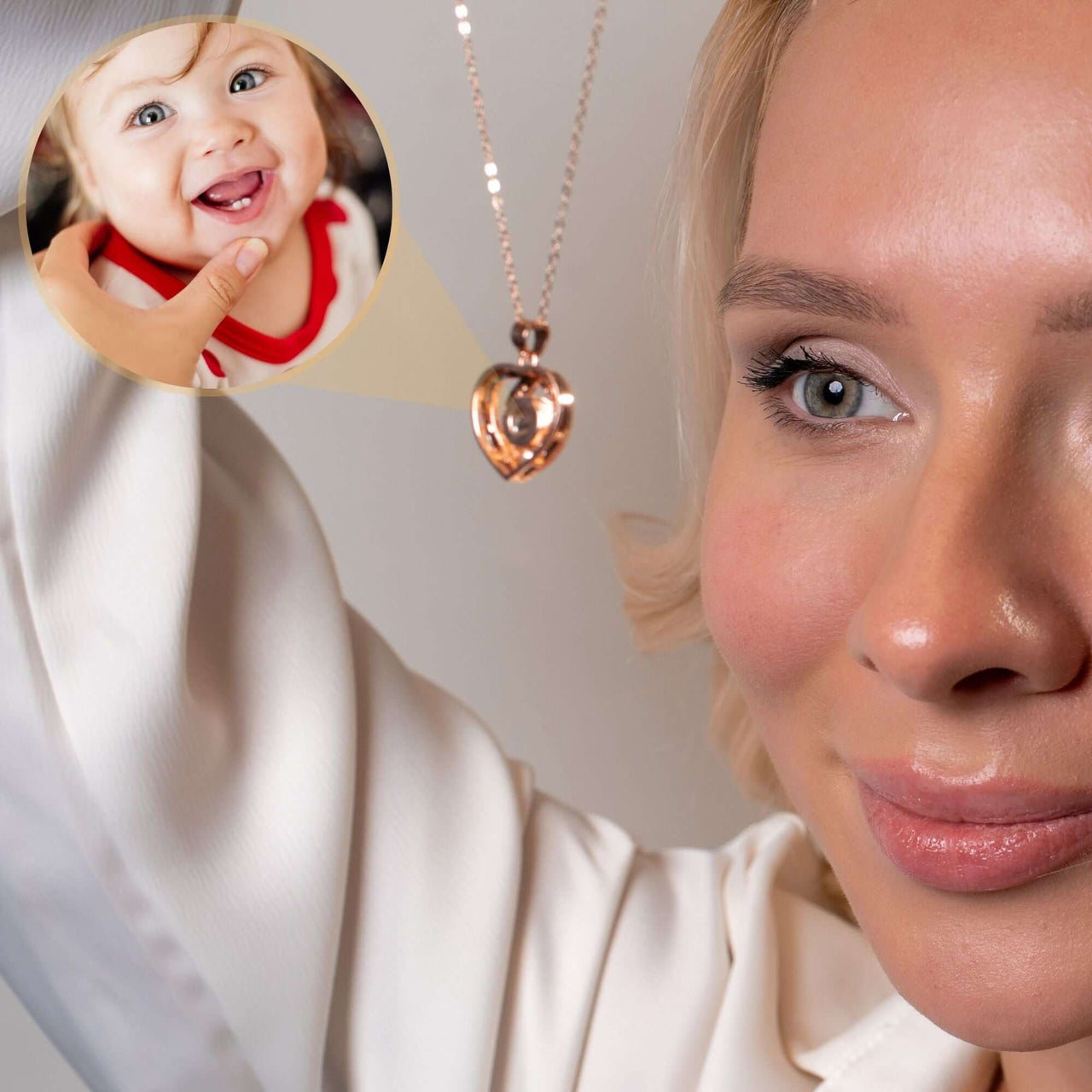 Romance Photo Necklace showcasing a heart pendant with a photo projection, designed by Brother & Sisters.
