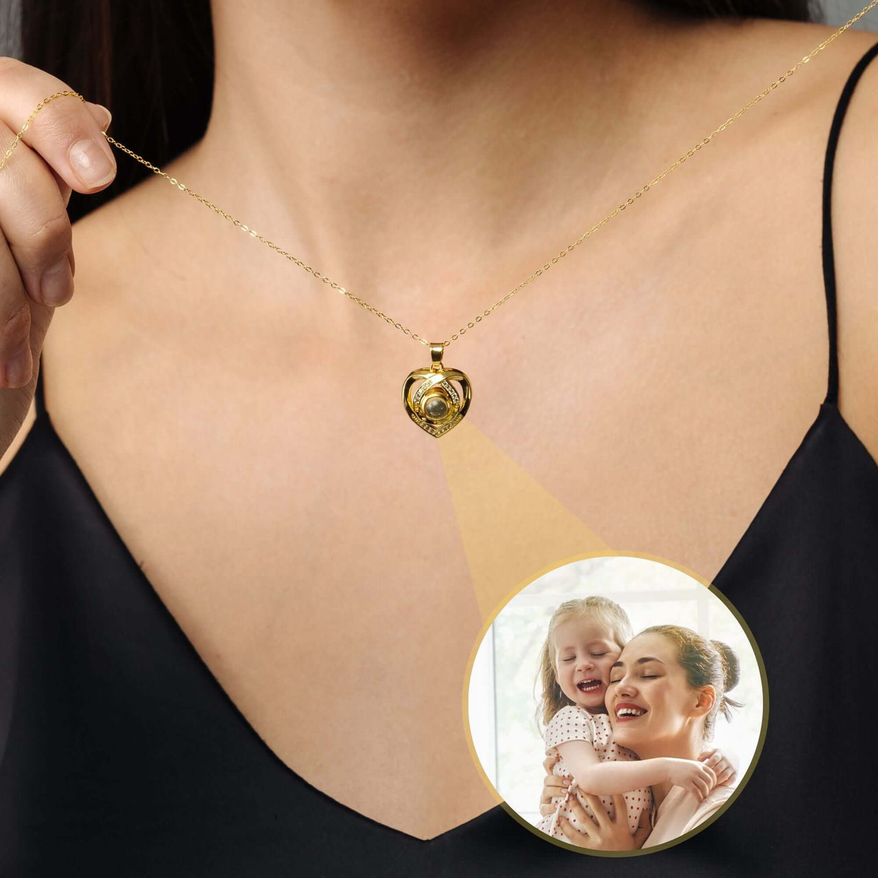 Romance Photo Necklace showcasing heart pendant projecting cherished photo, personalized charm by Brother & Sisters.