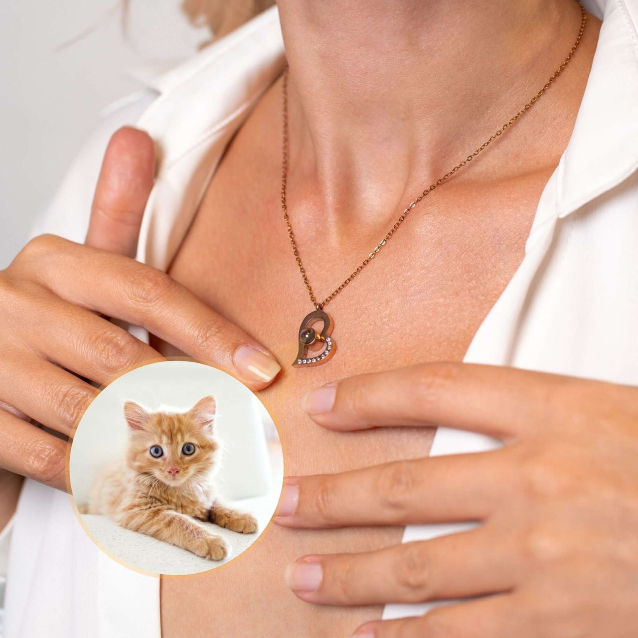 Romantic Photo Necklace personalized with a photo projection of a cute orange kitten by Brother & Sisters.