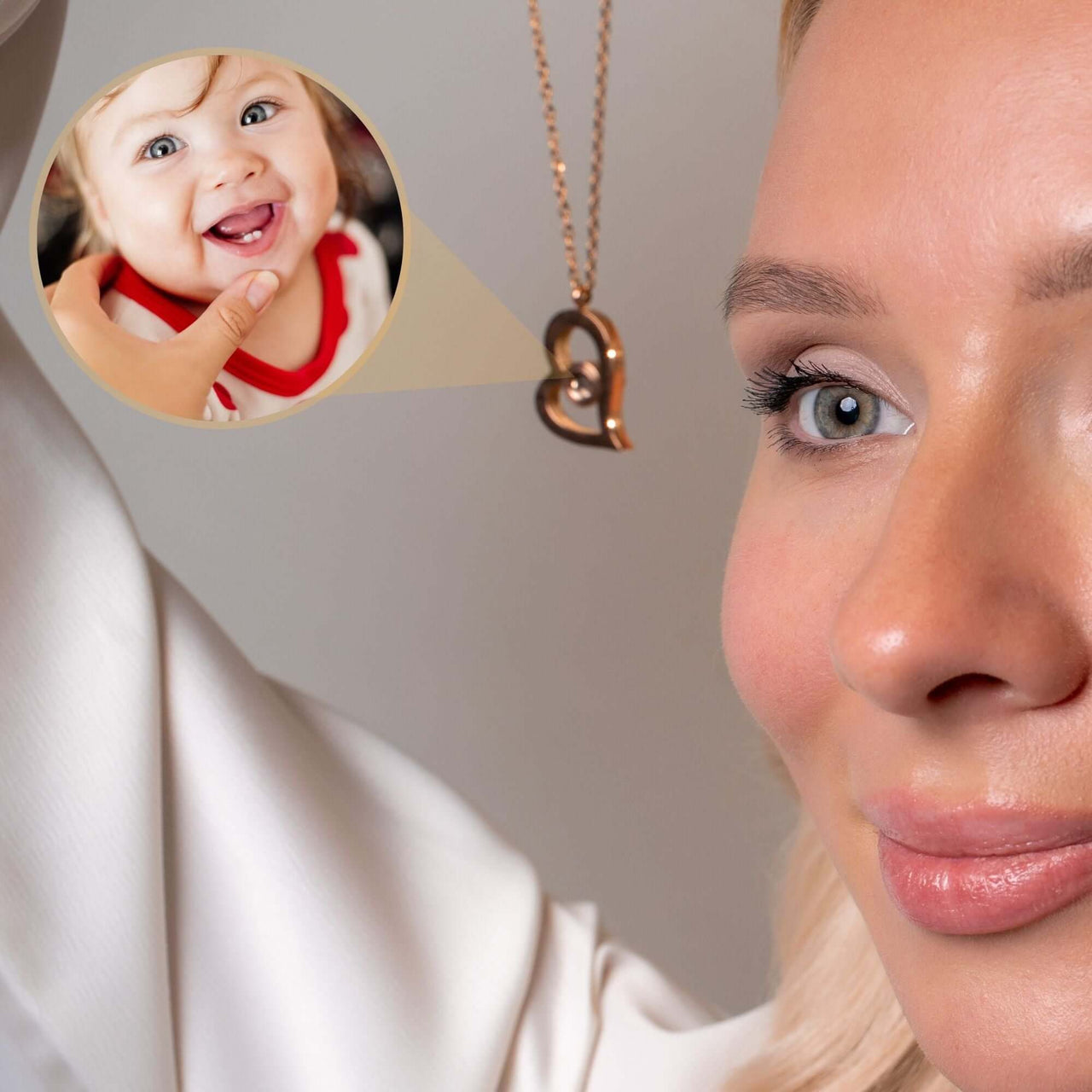 Romantic Photo Necklace showcasing a personalized heart pendant featuring a joyful baby's photo by Brother & Sisters.