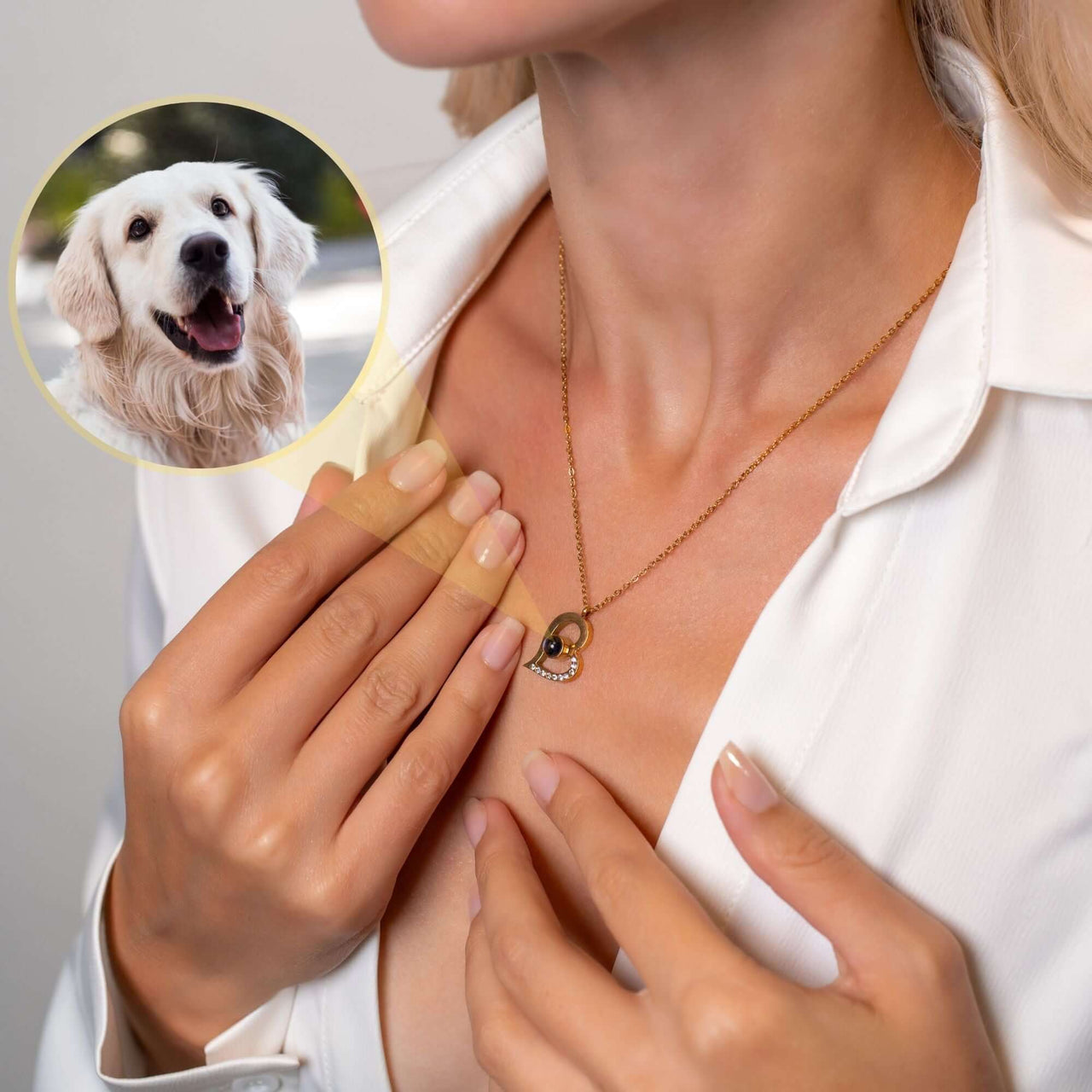Romantic Photo Necklace showcasing a heart pendant with a personalized photo projection, by Brother & Sisters.