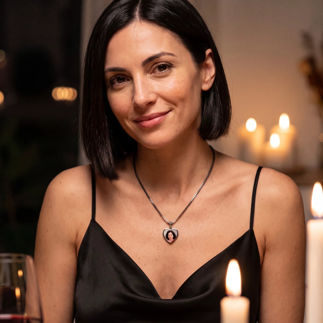 Woman at a candlelit dinner wearing the black secret heart photo necklace | SKU: TPH-CHTN-BLACK-SMALL
