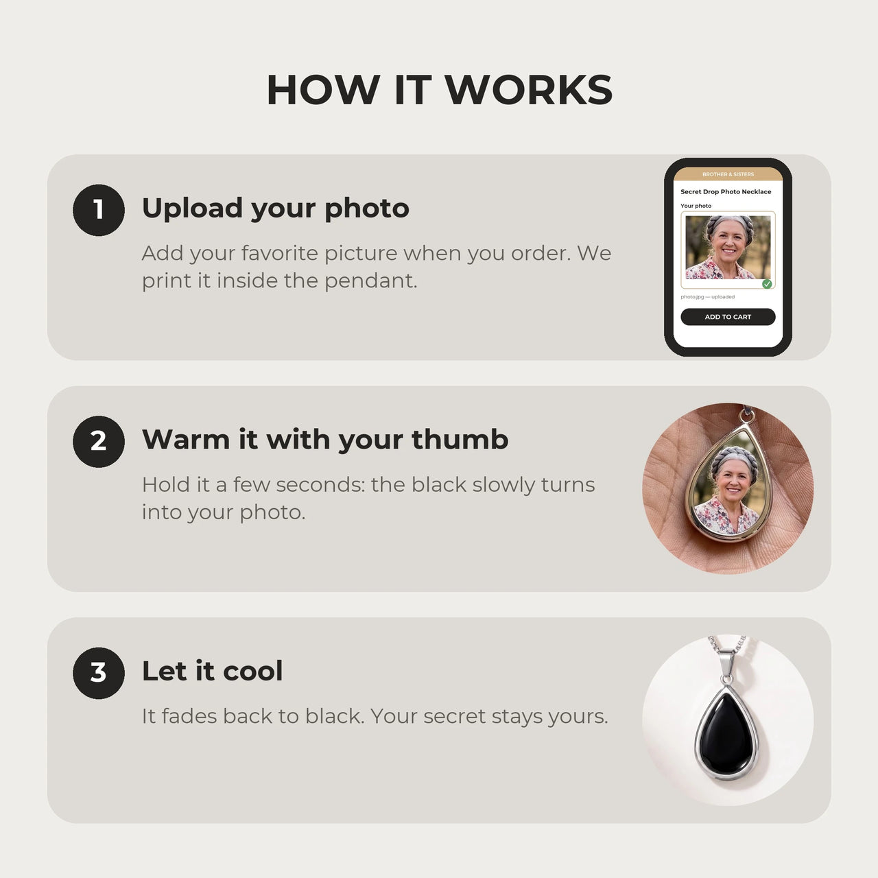 How it works: upload your photo, warm the pendant with your thumb, let it cool back to black | SKU: TPH-DRPN-SILVER