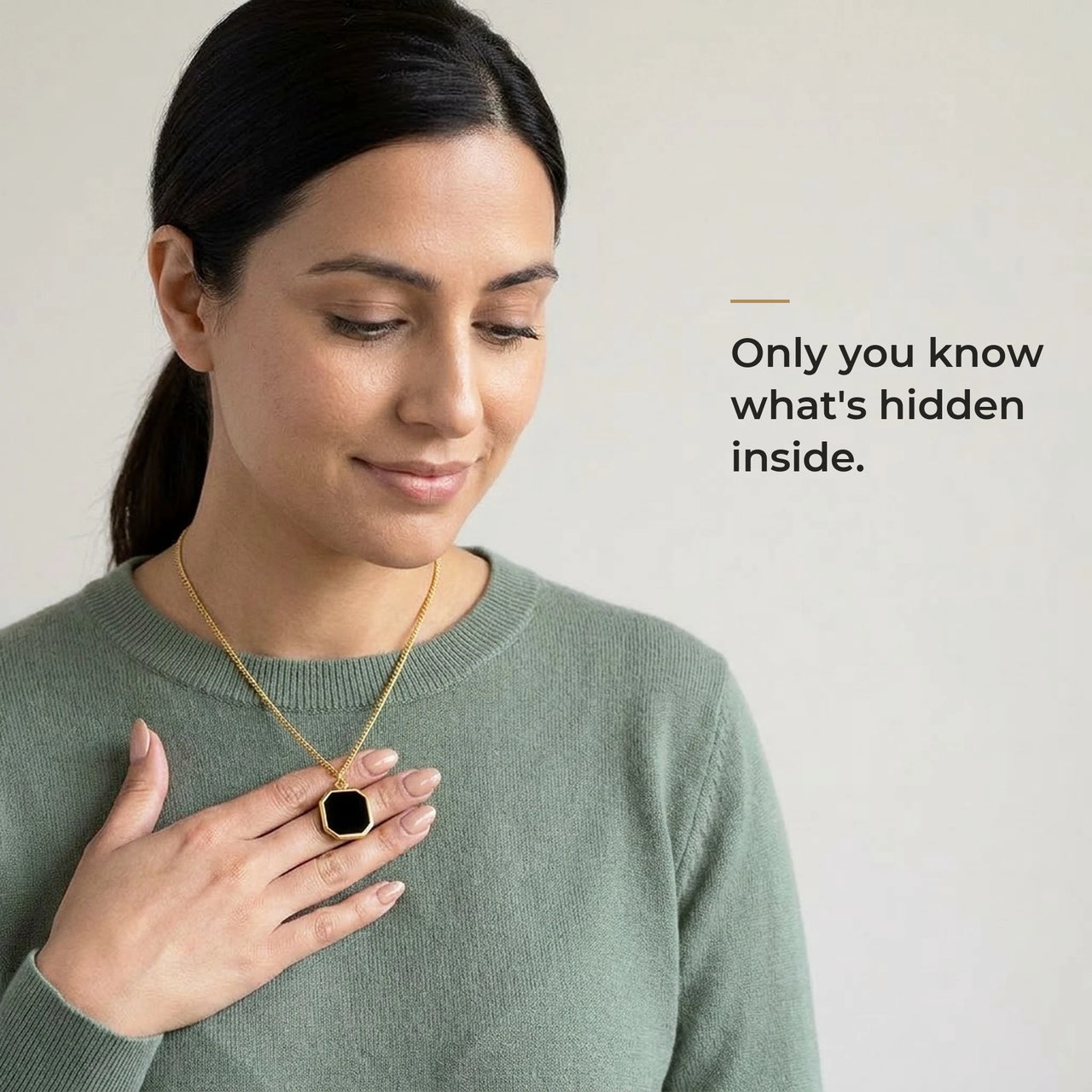 Woman wearing the black gold octagon pendant, only she knows the photo inside | SKU: TPH-OCTN-GOLD