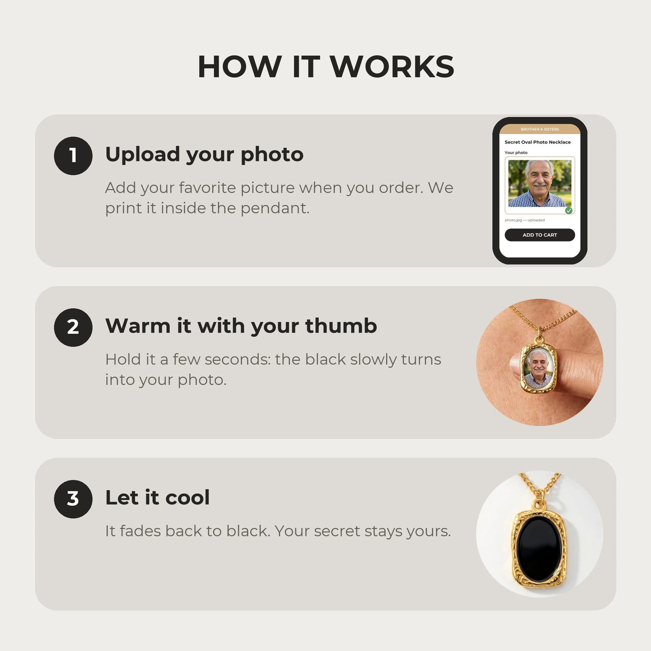 How it works: upload your photo, warm the pendant with your thumb, let it cool back to black | SKU: TPH-OVLN-GOLD