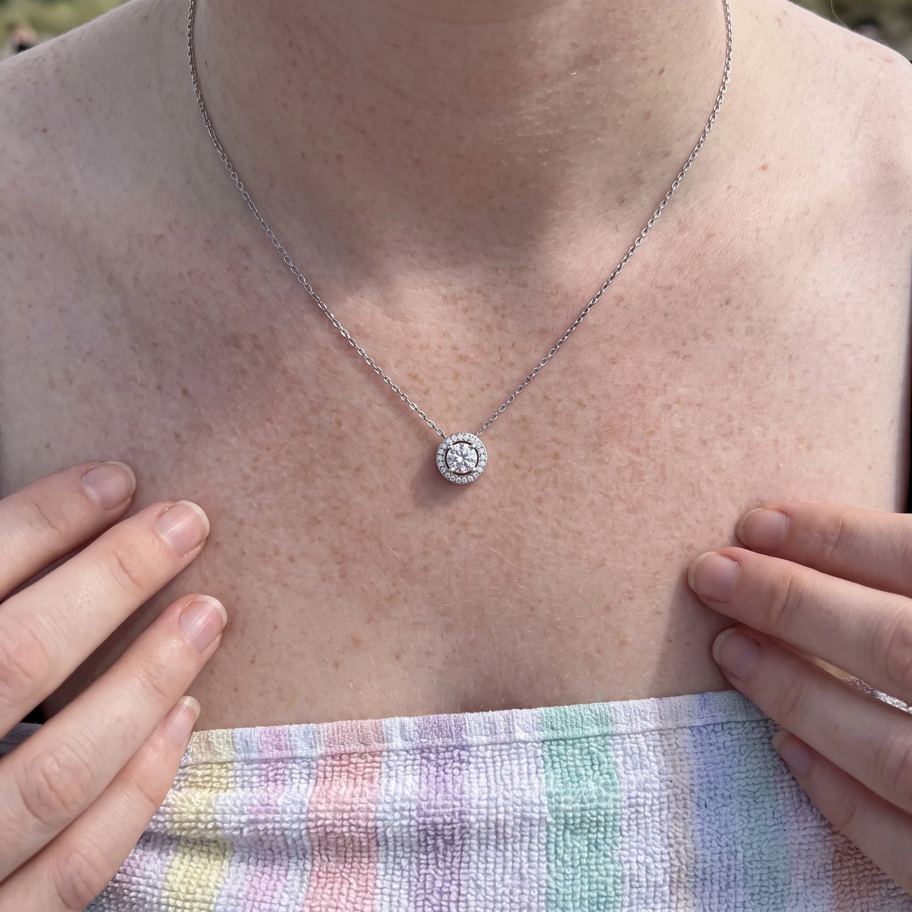 Silver necklace worn, showing its real size | SKU: 33136351