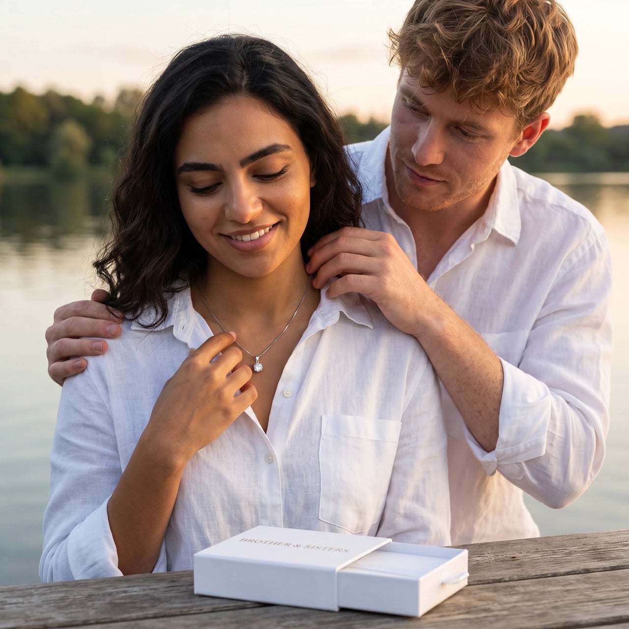 Ketting met steentje — gedragen door een stel, zilver | SKU: 505665