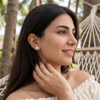 Thumbnail for Woman relaxing on holiday wearing the silver stud earrings | SKU: 30876249