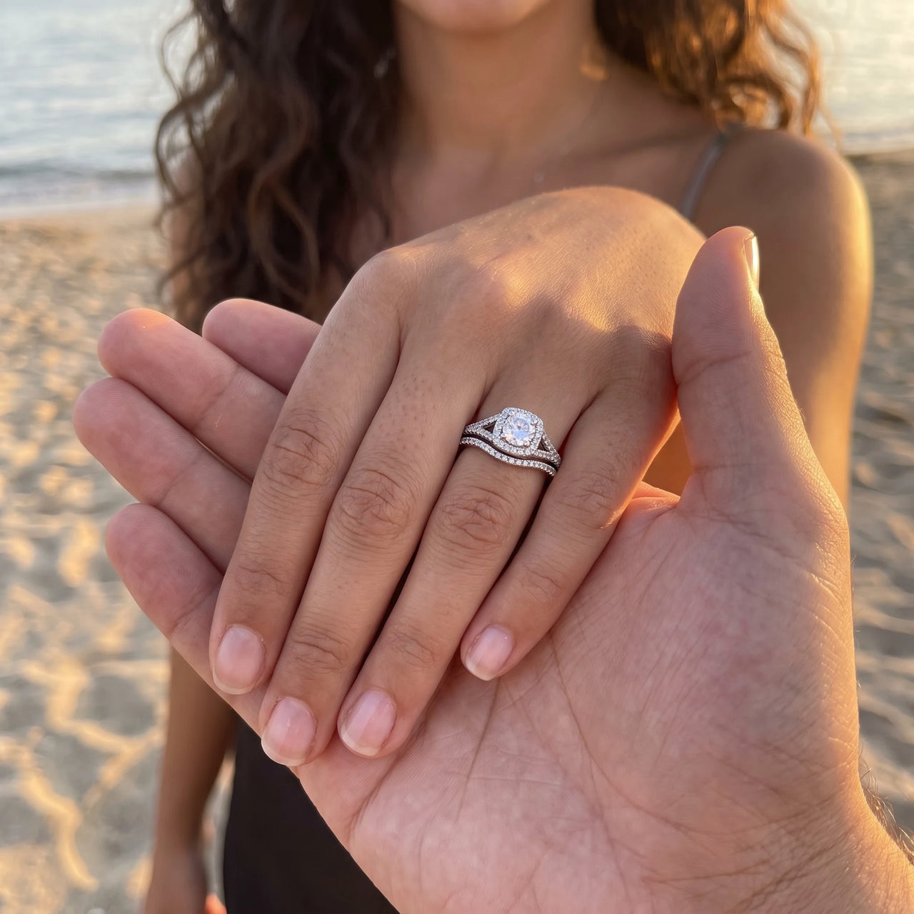 A couple holding hands, she wears the silver ring | SKU: 497080-4.5-silver