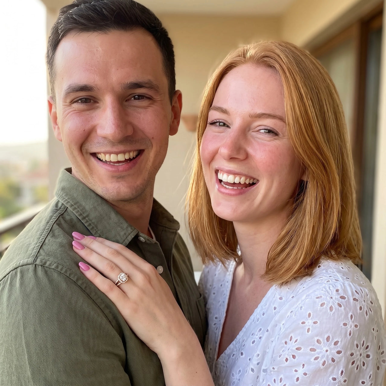 Halo ring — gedragen door een stel, rosé goud | SKU: 346060-4.5-rose-gold