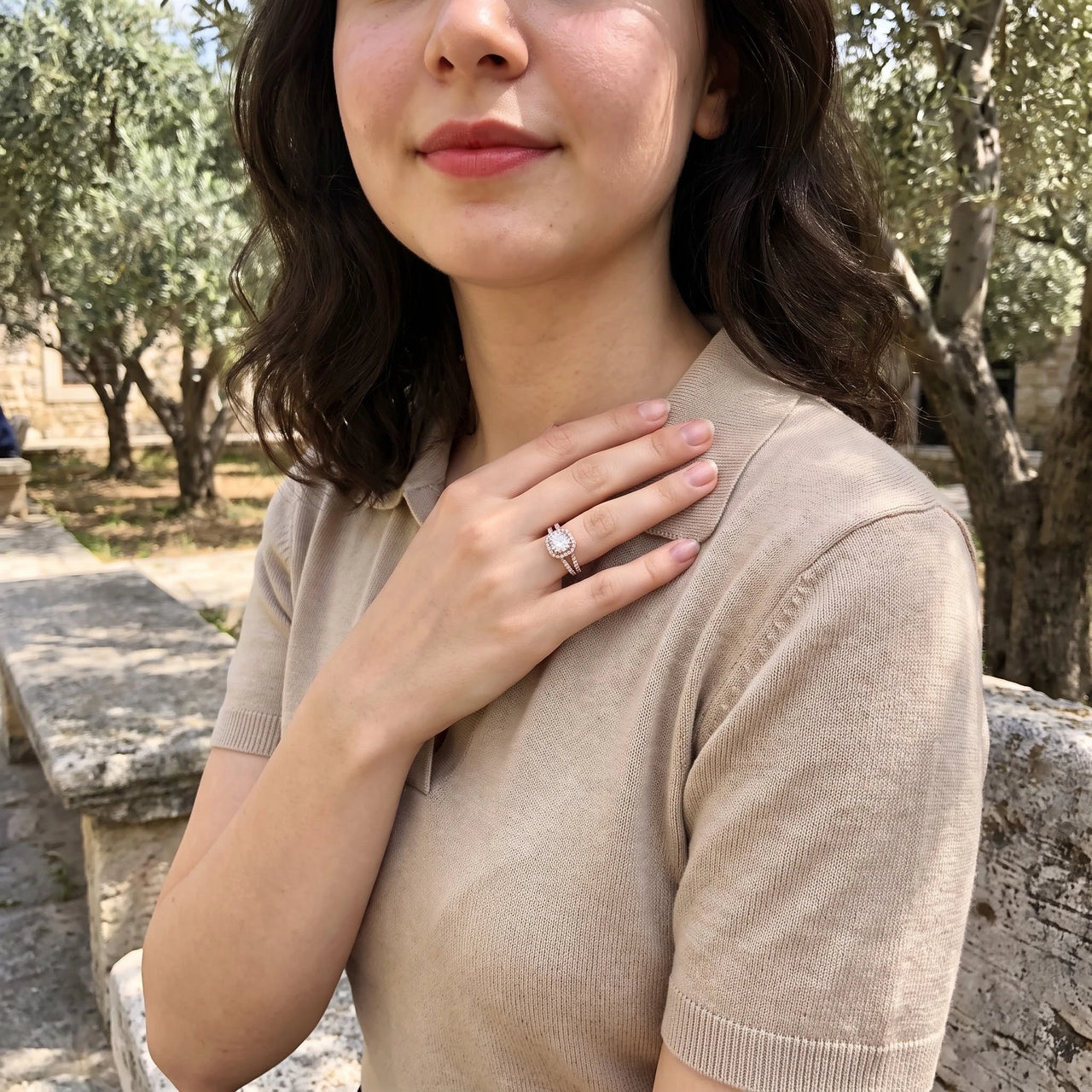 Halo ring — gedragen in het dagelijks leven, rosé goud | SKU: 346060-4.5-rose-gold