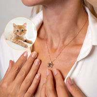 Thumbnail for Star Photo Necklace worn by a woman, personalized keepsake projecting a cat photo, from Brother & Sisters.