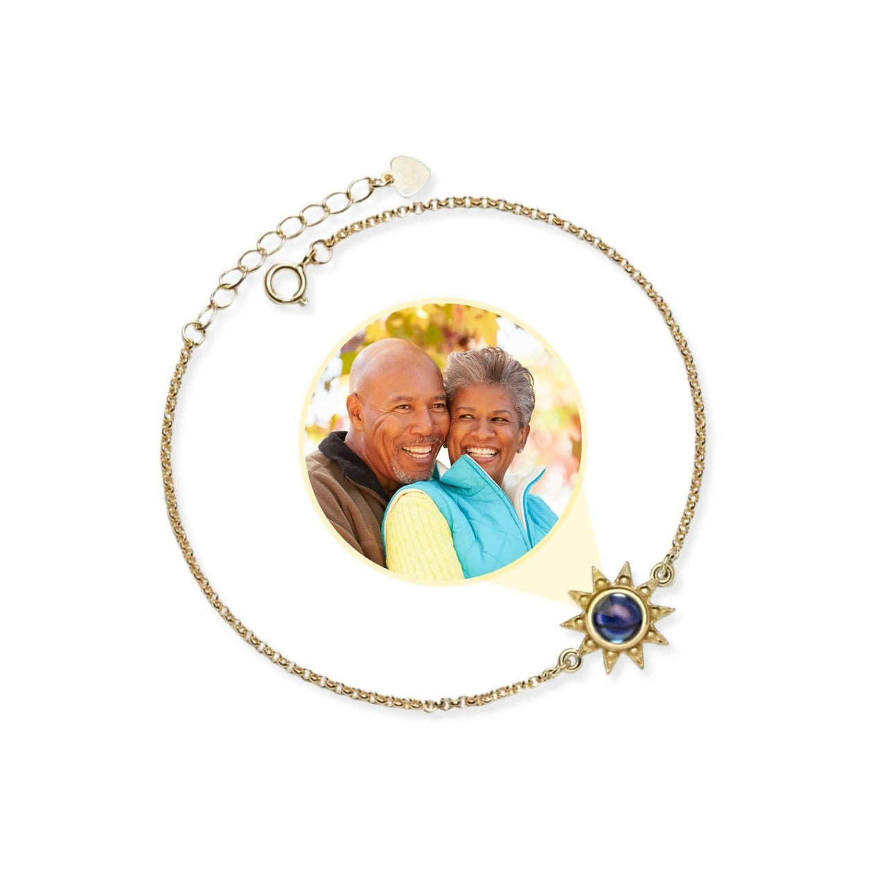 Sun Photo Bracelet by Brother & Sisters featuring a sun-shaped charm and a hidden photo of a happy couple.