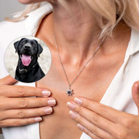 Thumbnail for Sun Photo Necklace displayed on a woman, featuring a cherished photo of a black dog, designed by Brother & Sisters.