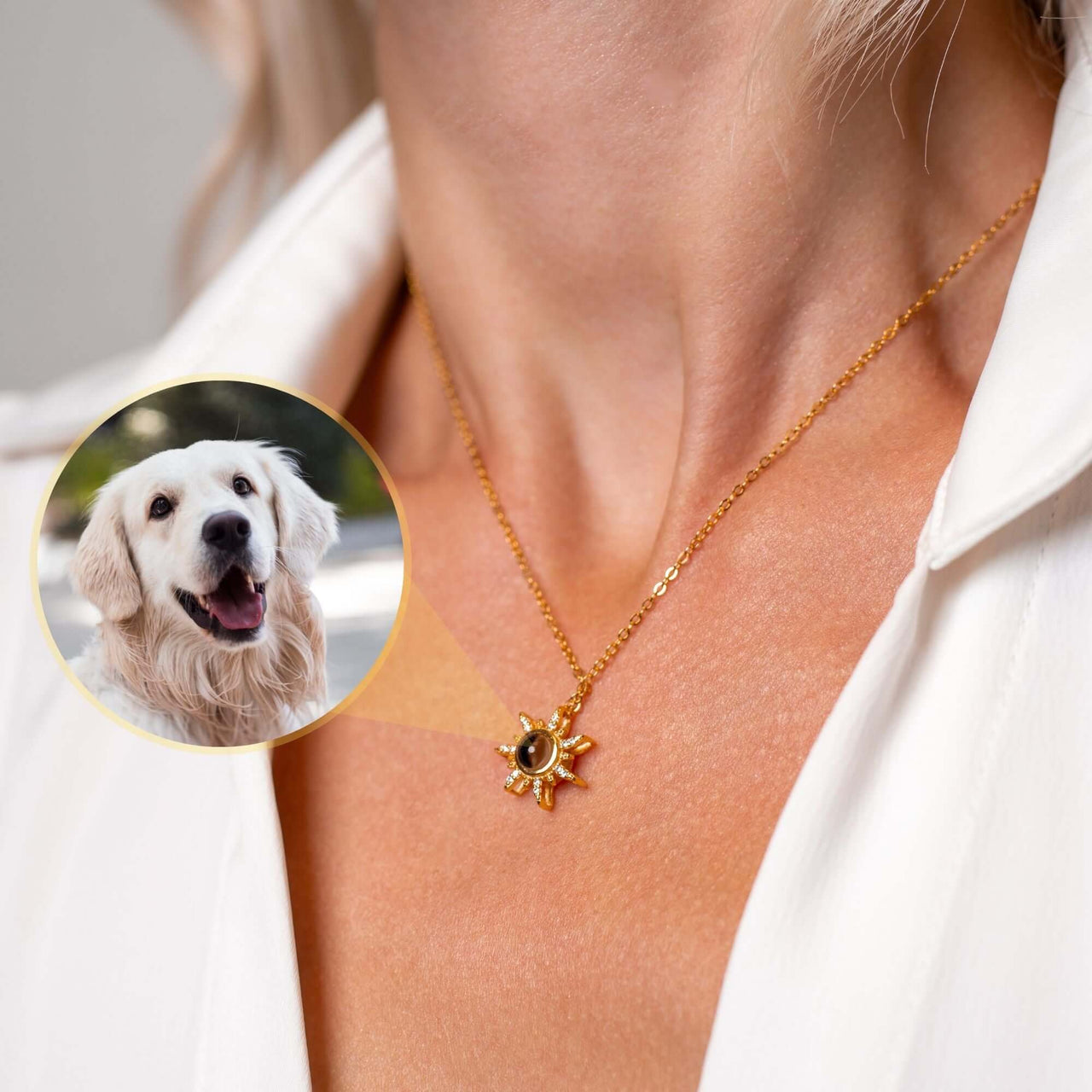 Sun Photo Necklace showcasing a golden sun pendant with a customizable photo of a beloved pet, by Brother & Sisters.
