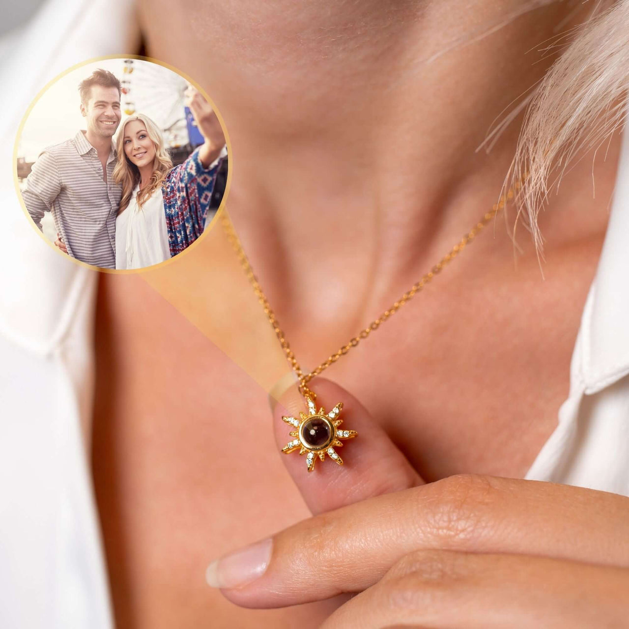 Sun Photo Necklace showcasing a personalized photo charm, crafted by Brother & Sisters for cherished memories.